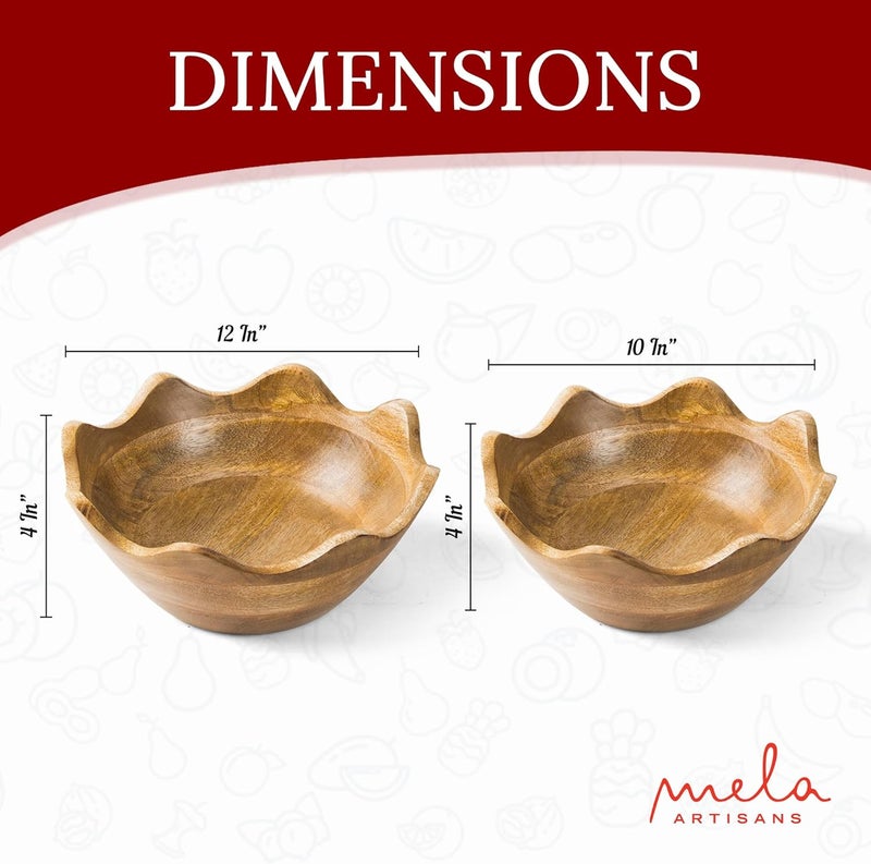 Mela Artisans Scalloped Decorative Wooden Bowls Set of 2 |12 Inch &10 Inch Mango Wood Fruit | Serving Bowls | Natural Grain Texture | Kitchen Counter | Snacks | Desserts | Bread | Handcrafted Decor - Image 2